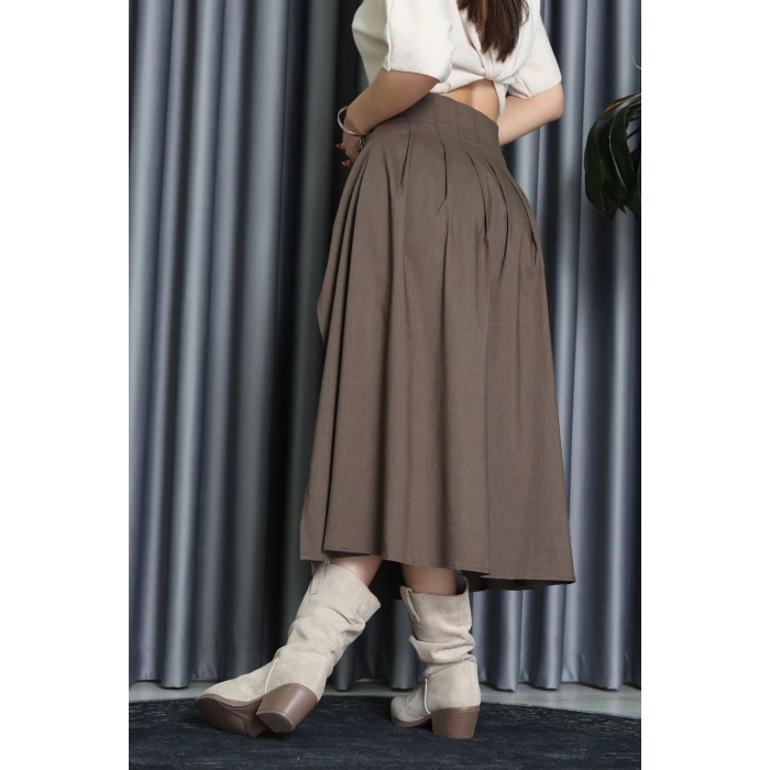 Poliviskon Pileli Kemer Detaylı Etek Kahve - 70903.1434.