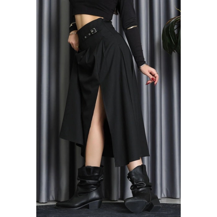 Poliviskon Pileli Kemer Detaylı Etek Siyah - 70903.1434.