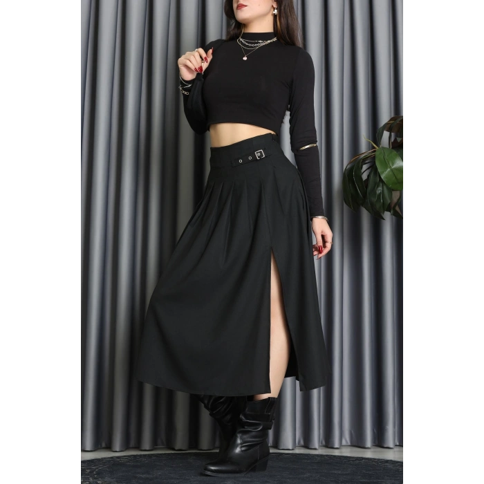 Poliviskon Pileli Kemer Detaylı Etek Siyah - 70903.1434.