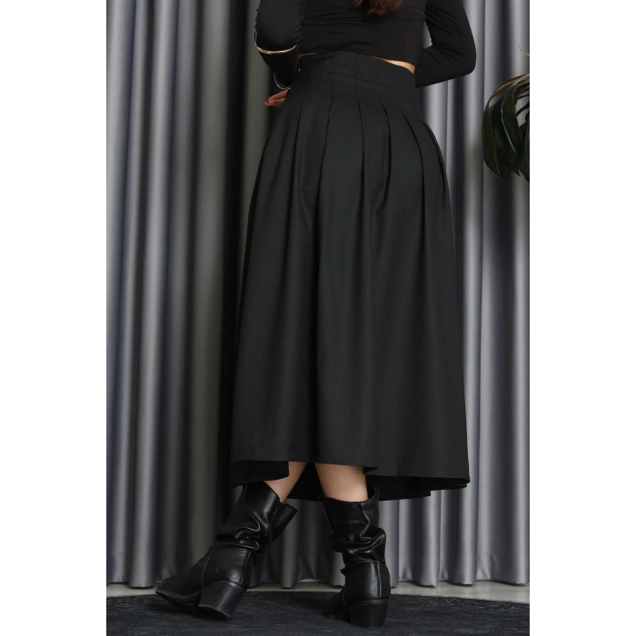 Poliviskon Pileli Kemer Detaylı Etek Siyah - 70903.1434.