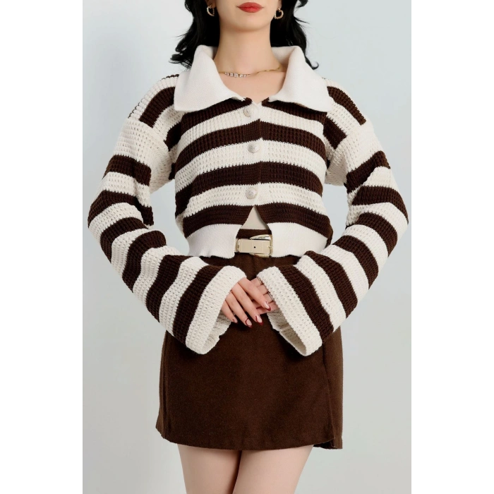 Polo Yaka Çizgili Hırka Lattekahve - 1530.1577.