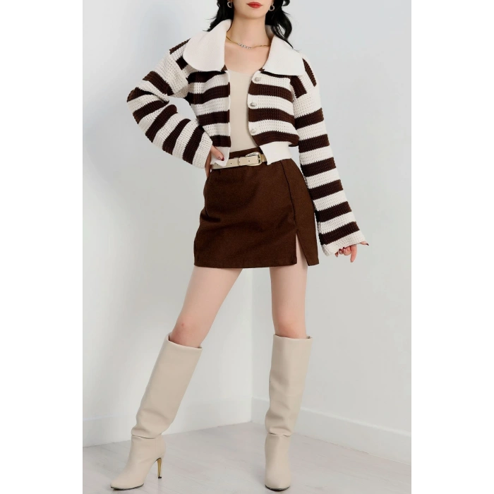 Polo Yaka Çizgili Hırka Lattekahve - 1530.1577.