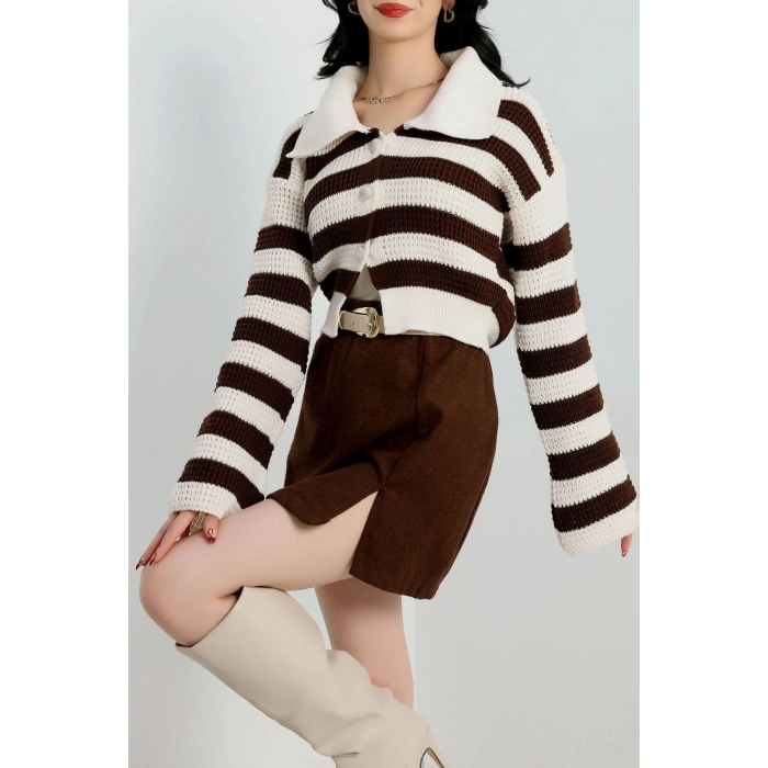 Polo Yaka Çizgili Hırka Lattekahve - 1530.1577.