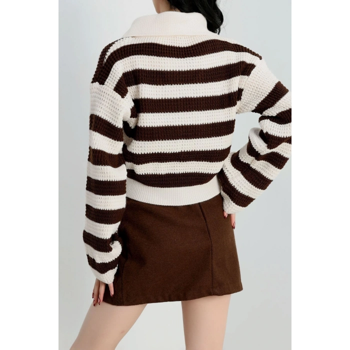 Polo Yaka Çizgili Hırka Lattekahve - 1530.1577.