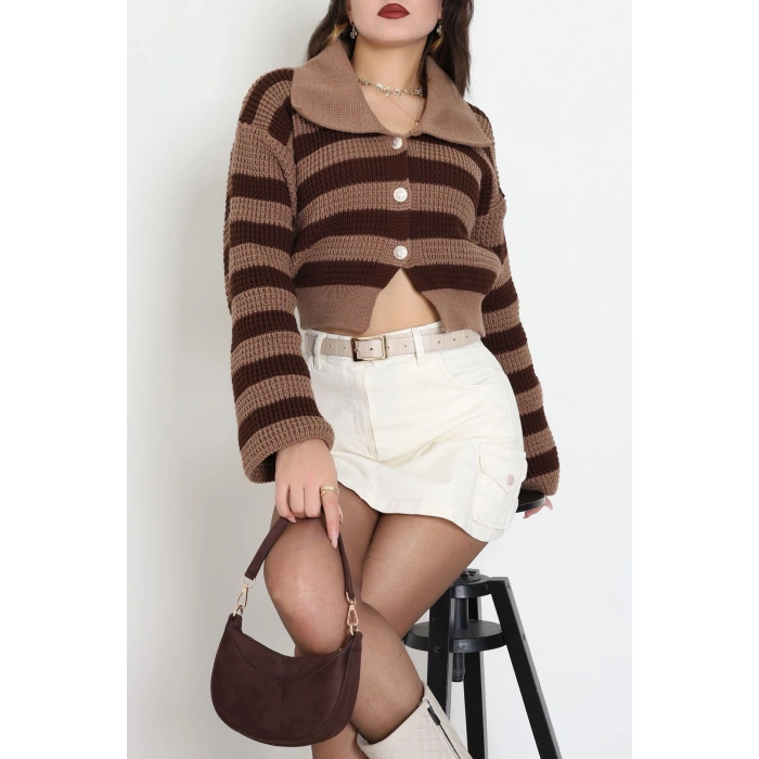 Polo Yaka Çizgili Hırka Mochakahve - 1530.1577.