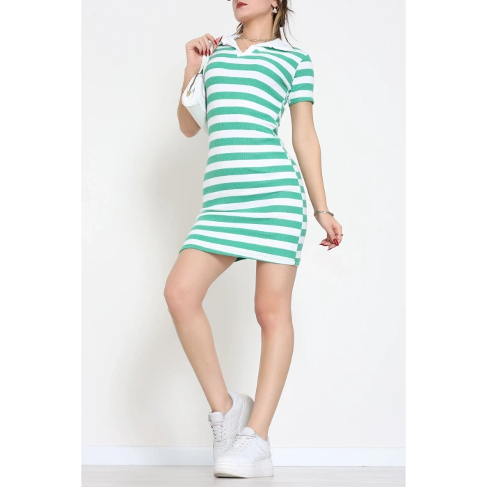 Polo Yaka İnterlok Elbise Yeşilbeyaz - 70836.1567.