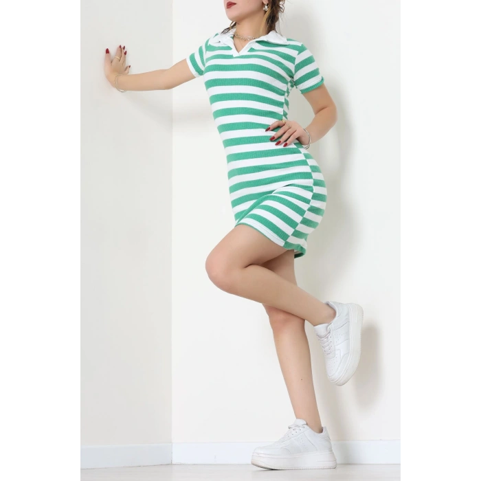 Polo Yaka İnterlok Elbise Yeşilbeyaz - 70836.1567.