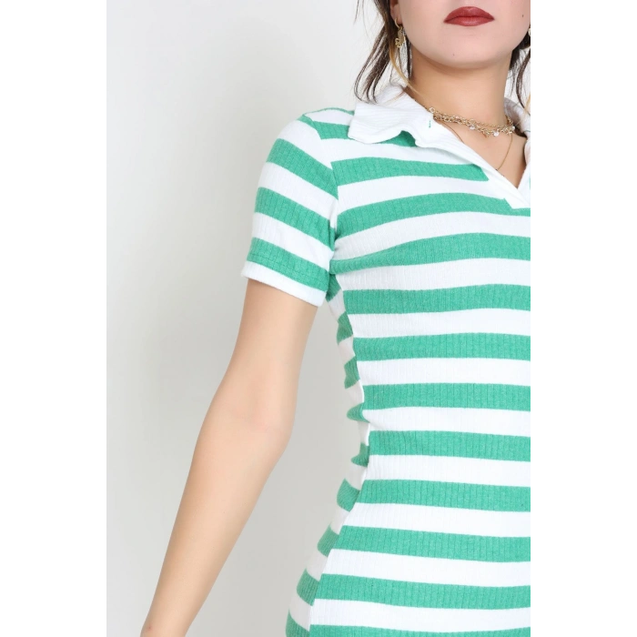 Polo Yaka İnterlok Elbise Yeşilbeyaz - 70836.1567.