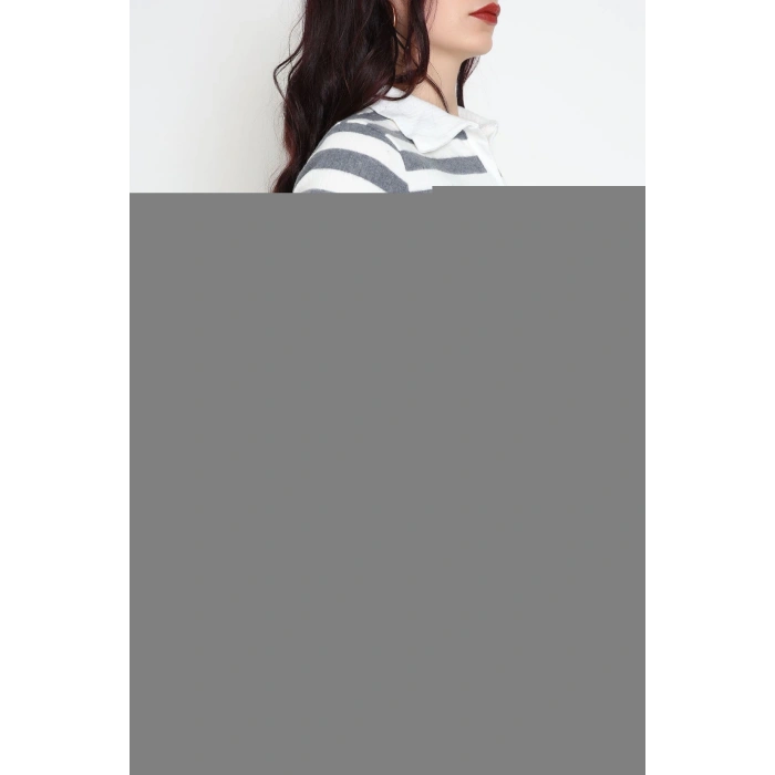 Polo Yaka Midi Boy İnterlok Elbise Fümebeyaz - 70836.1567.