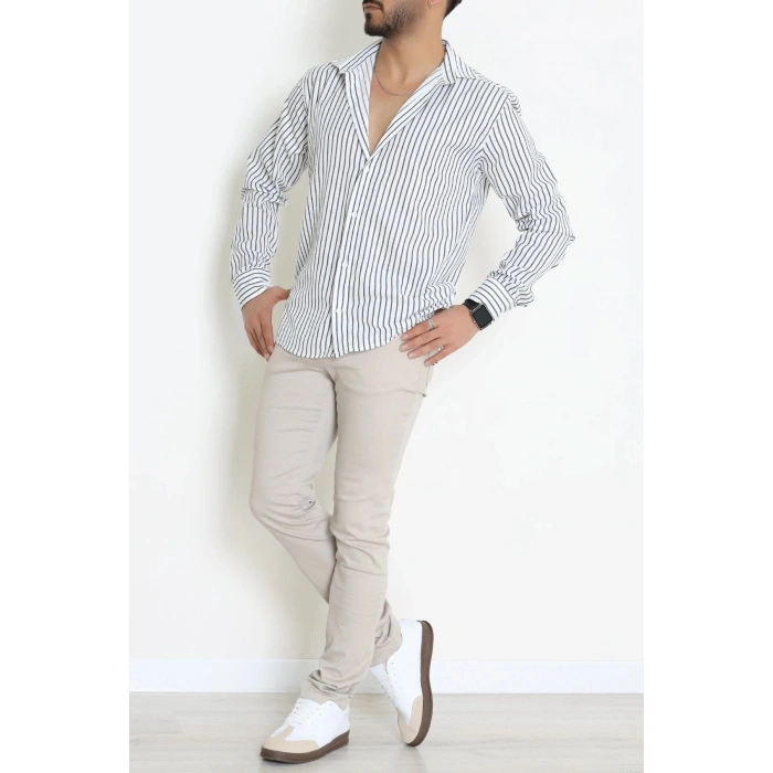 Poplin Çizgili Erkek Gömlek Beyazsiyah - 71094.1947.