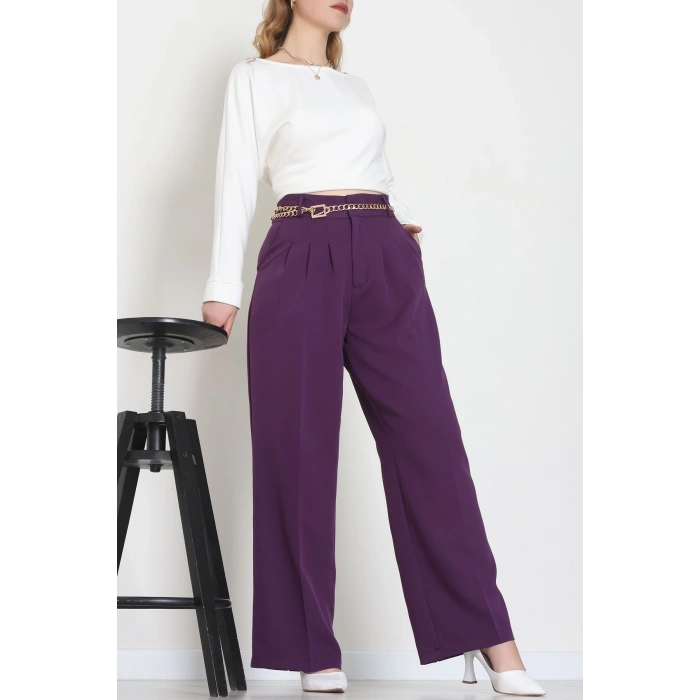 Premium Pileli Palazzo Pantolon Mor - 51609.683.