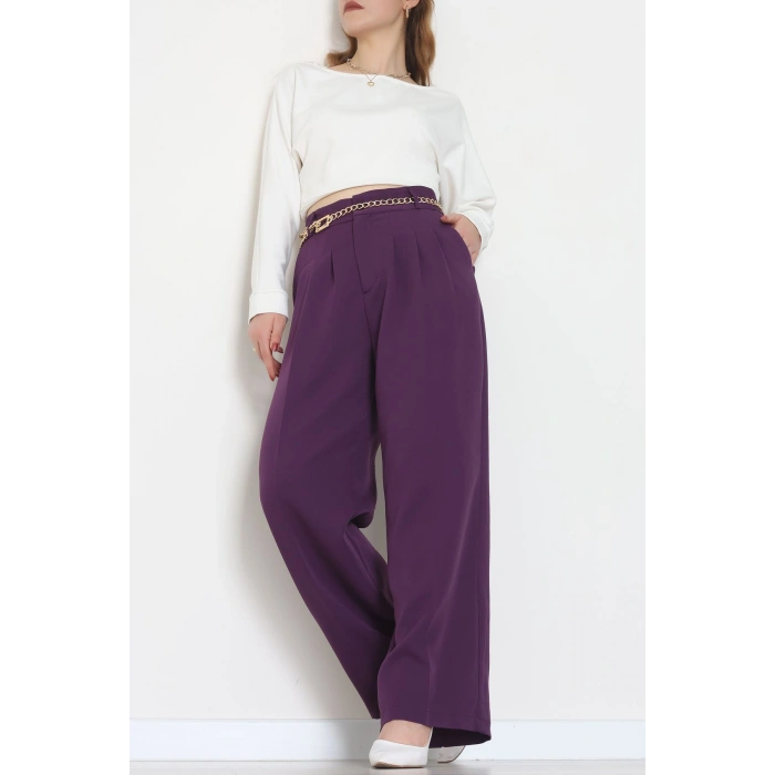 Premium Pileli Palazzo Pantolon Mor - 51609.683.