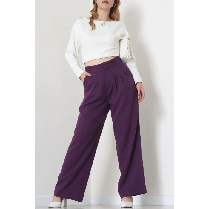 Premium Pileli Palazzo Pantolon Mor - 51609.683.