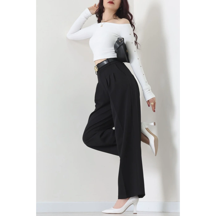 Premium Pileli Palazzo Pantolon Siyah - 51609.683.