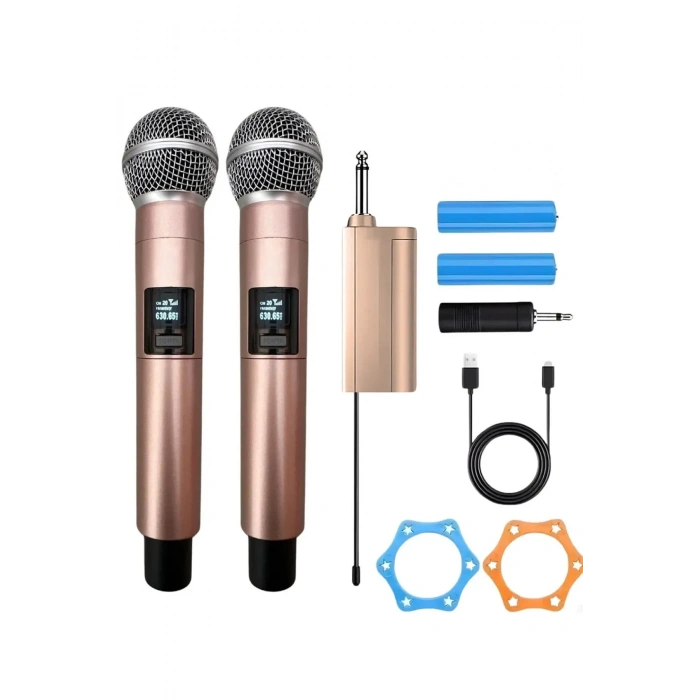 Profesyonel Çiftli Kablosuz Mikrofon Seti Karaoke Şarj Edilebilir 50 Metre Mesafe Rose