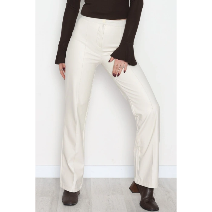 Pu Deri Çımalı Pantolon Krem - 51099.1779.