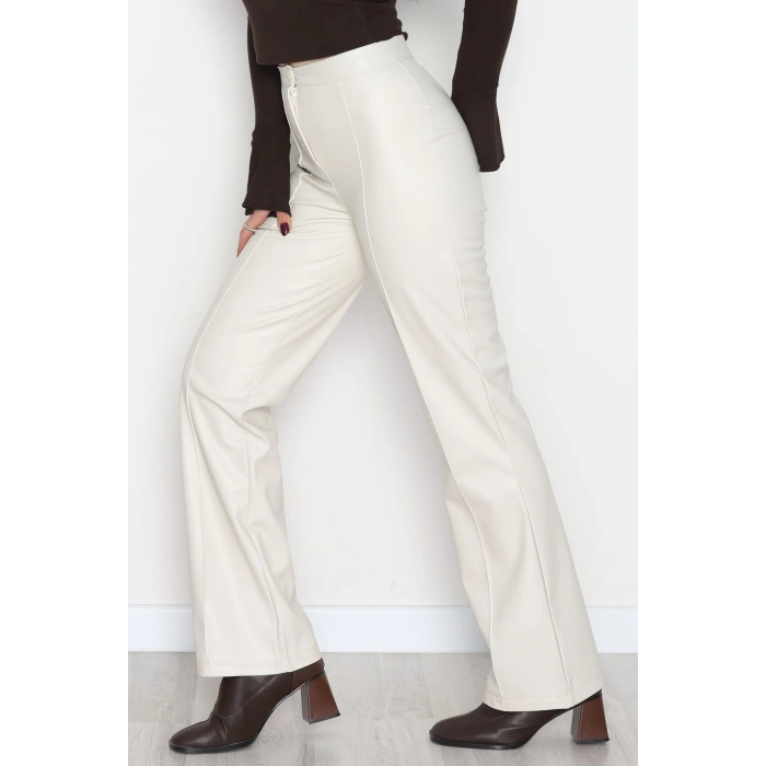Pu Deri Çımalı Pantolon Krem - 51099.1779.
