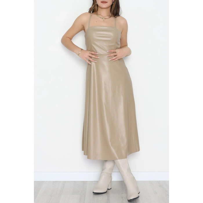 Pu Deri Midi Boy Elbise Bej - 51075.1779.