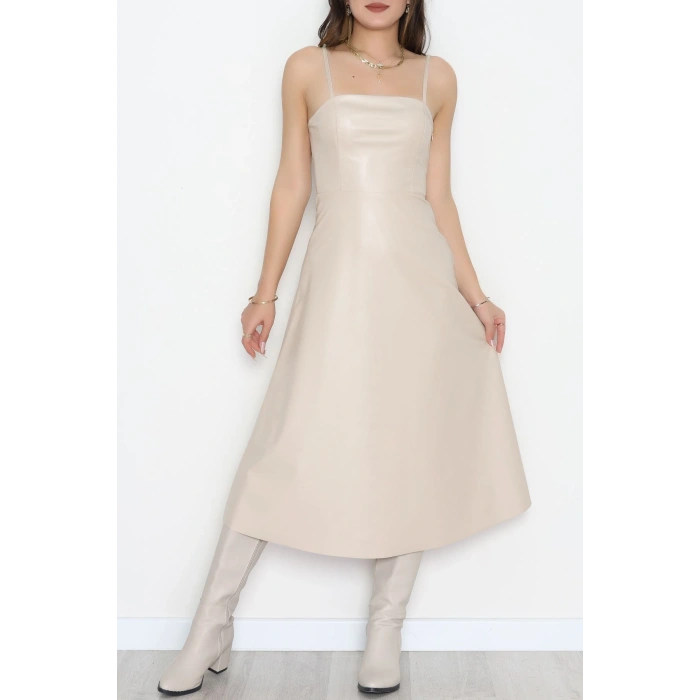 Pu Deri Midi Boy Elbise Krem - 51075.1779.