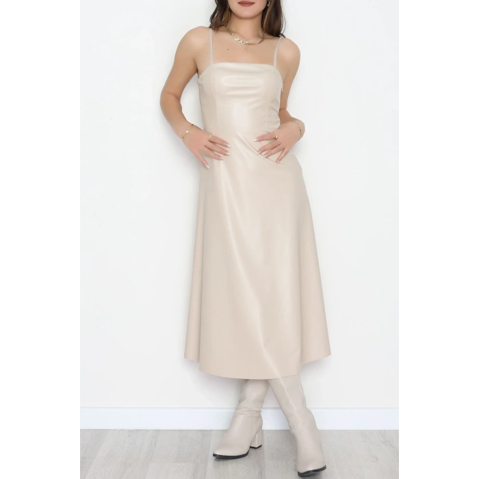 Pu Deri Midi Boy Elbise Krem - 51075.1779.