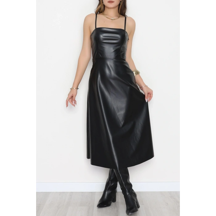 Pu Deri Midi Boy Elbise Siyah - 51075.1779.