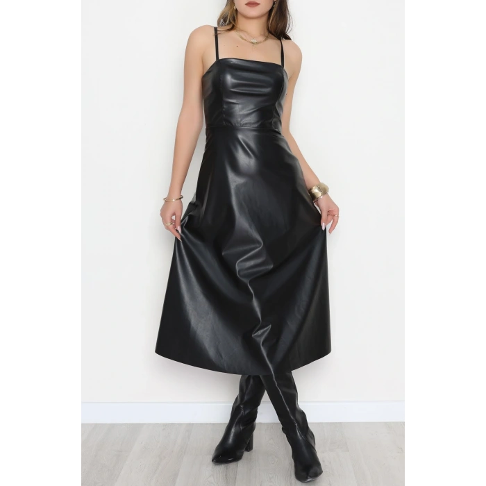 Pu Deri Midi Boy Elbise Siyah - 51075.1779.