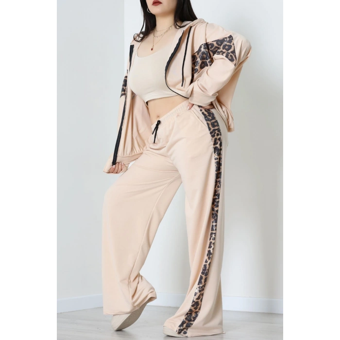 Pul Garnili 2 İplik Büyük Beden Eşofman Takımı Bej - 50807.1857.