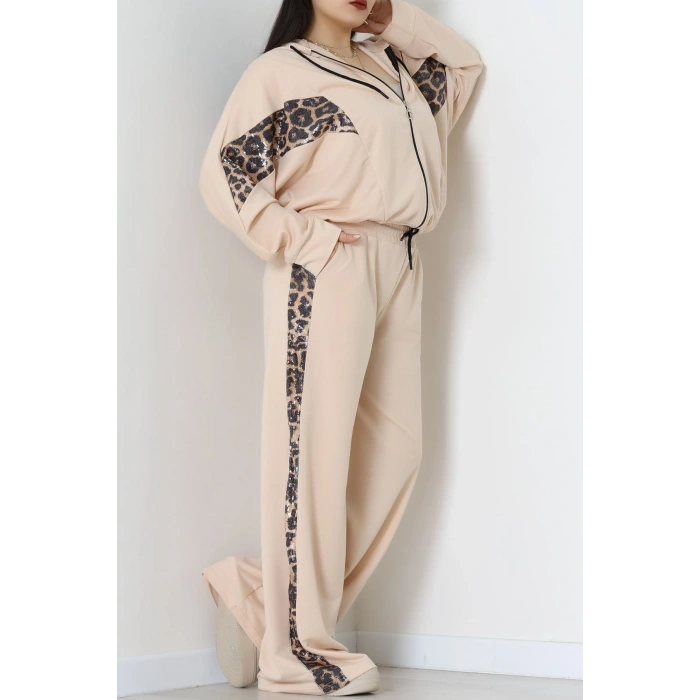 Pul Garnili 2 İplik Büyük Beden Eşofman Takımı Bej - 50807.1857.