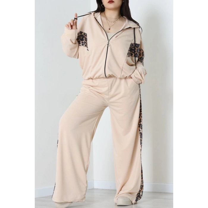 Pul Garnili 2 İplik Büyük Beden Eşofman Takımı Bej - 50807.1857.