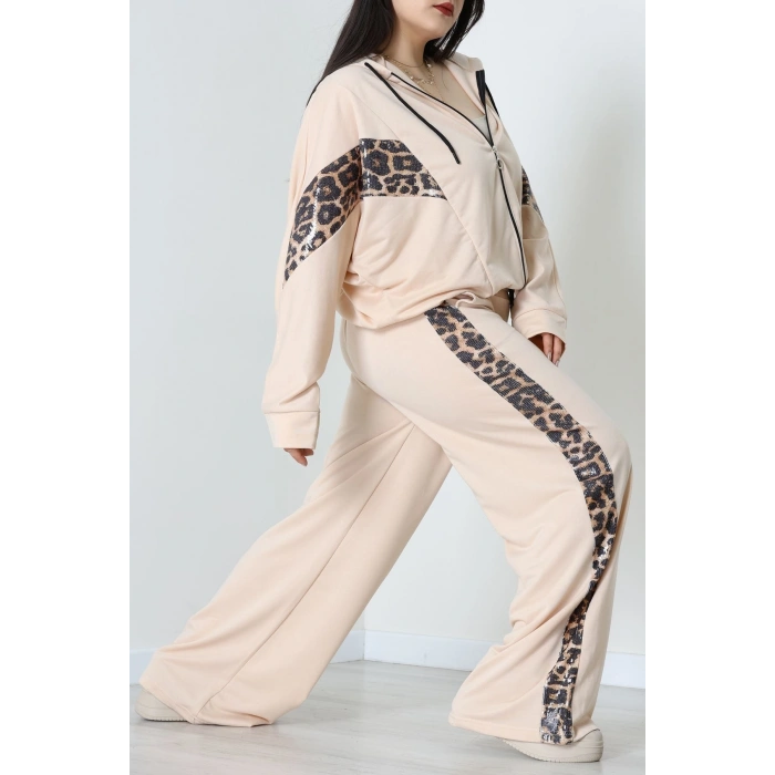 Pul Garnili 2 İplik Büyük Beden Eşofman Takımı Bej - 50807.1857.