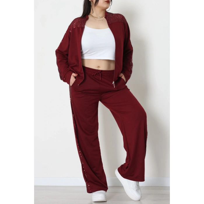 Pul Garnili 2 İplik Büyük Beden Eşofman Takımı Bordo - 52108.1567.