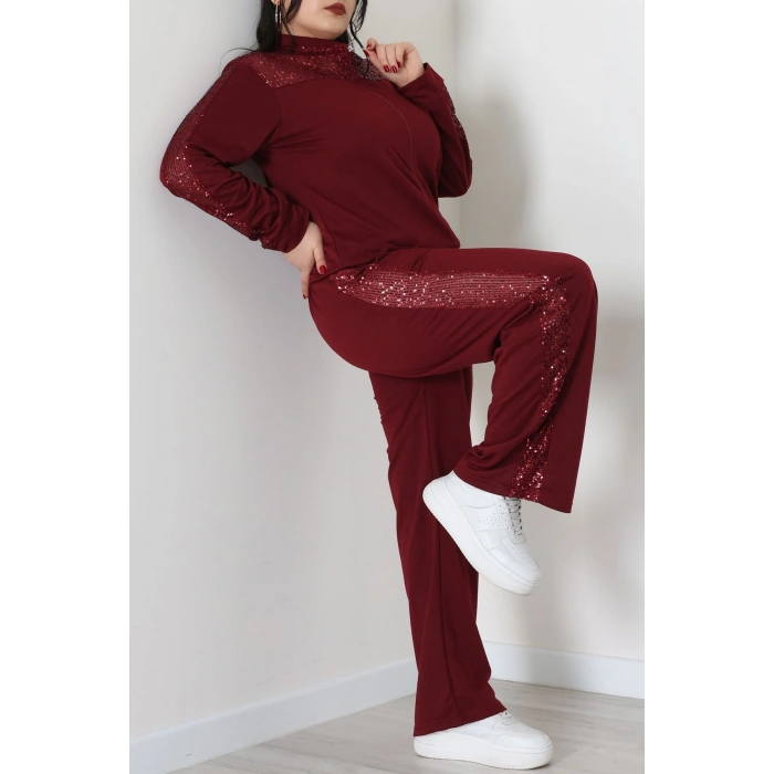 Pul Garnili 2 İplik Büyük Beden Eşofman Takımı Bordo - 52108.1567.