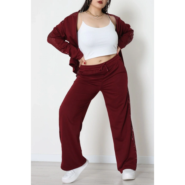 Pul Garnili 2 İplik Büyük Beden Eşofman Takımı Bordo - 52108.1567.