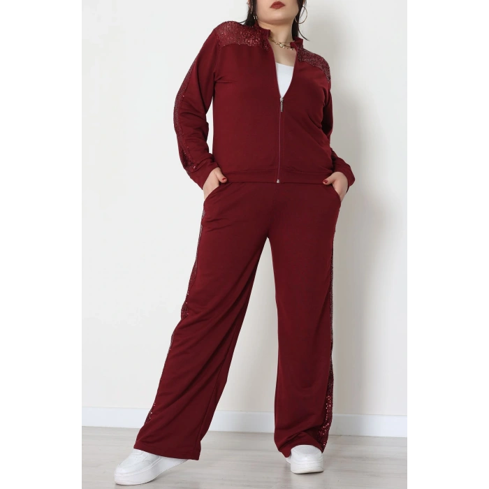 Pul Garnili 2 İplik Büyük Beden Eşofman Takımı Bordo - 52108.1567.