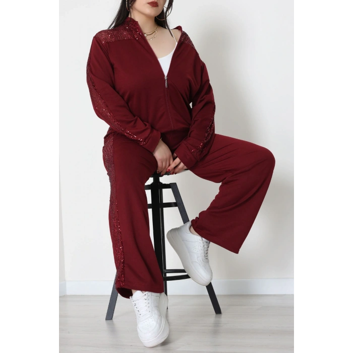 Pul Garnili 2 İplik Büyük Beden Eşofman Takımı Bordo - 52108.1567.