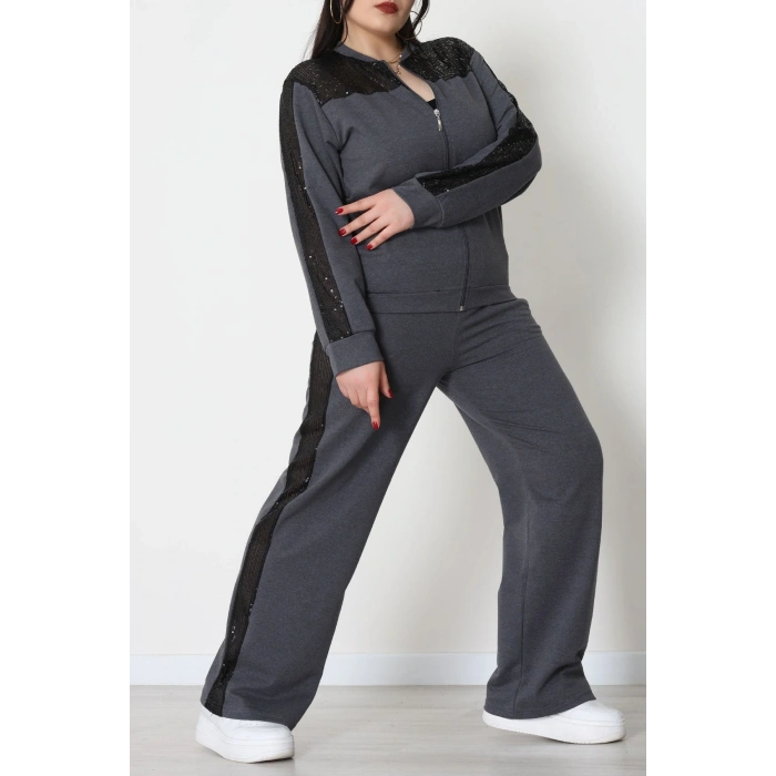 Pul Garnili 2 İplik Büyük Beden Eşofman Takımı Füme - 52108.1567.