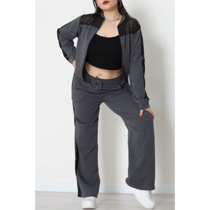 Pul Garnili 2 İplik Büyük Beden Eşofman Takımı Füme - 52108.1567.