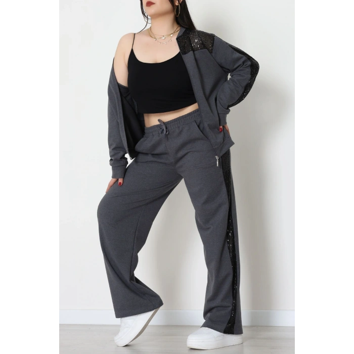 Pul Garnili 2 İplik Büyük Beden Eşofman Takımı Füme - 52108.1567.