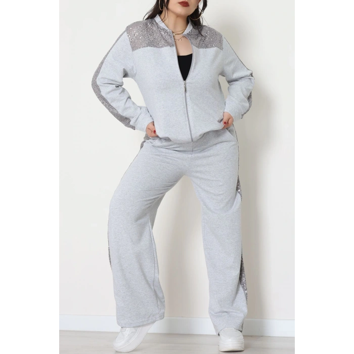 Pul Garnili 2 İplik Büyük Beden Eşofman Takımı Gri - 52108.1567.
