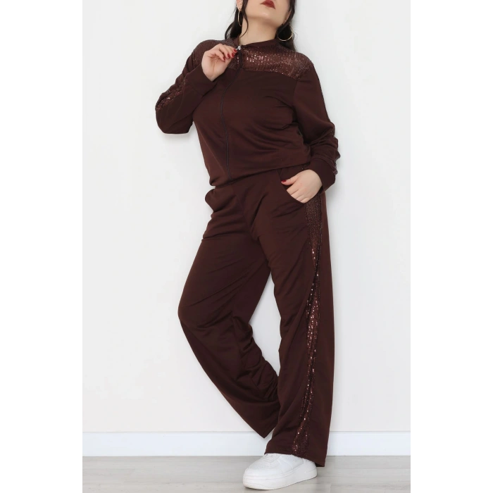 Pul Garnili 2 İplik Büyük Beden Eşofman Takımı Kahve - 52108.1567.