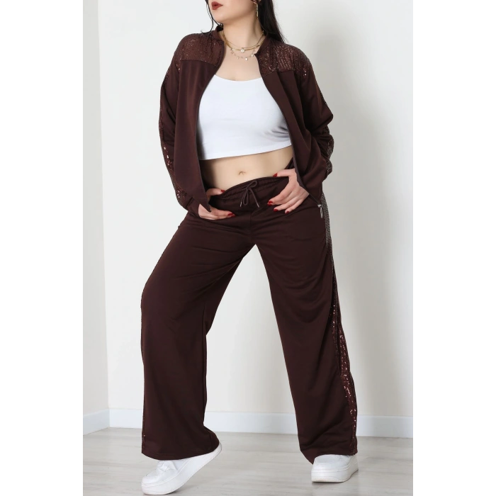 Pul Garnili 2 İplik Büyük Beden Eşofman Takımı Kahve - 52108.1567.