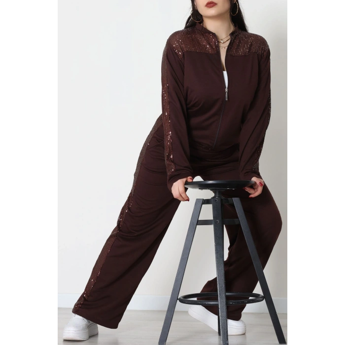 Pul Garnili 2 İplik Büyük Beden Eşofman Takımı Kahve - 52108.1567.