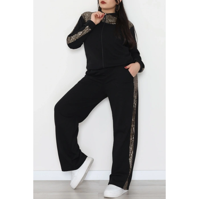 Pul Garnili 2 İplik Büyük Beden Eşofman Takımı Siyahgold - 52108.1567.