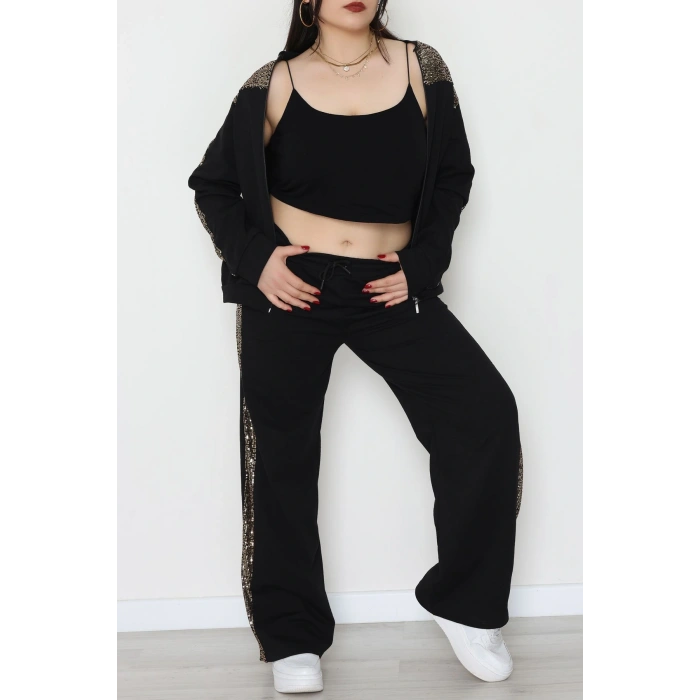 Pul Garnili 2 İplik Büyük Beden Eşofman Takımı Siyahgold - 52108.1567.