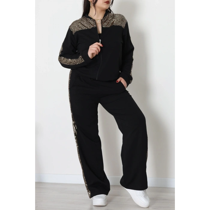 Pul Garnili 2 İplik Büyük Beden Eşofman Takımı Siyahgold - 52108.1567.