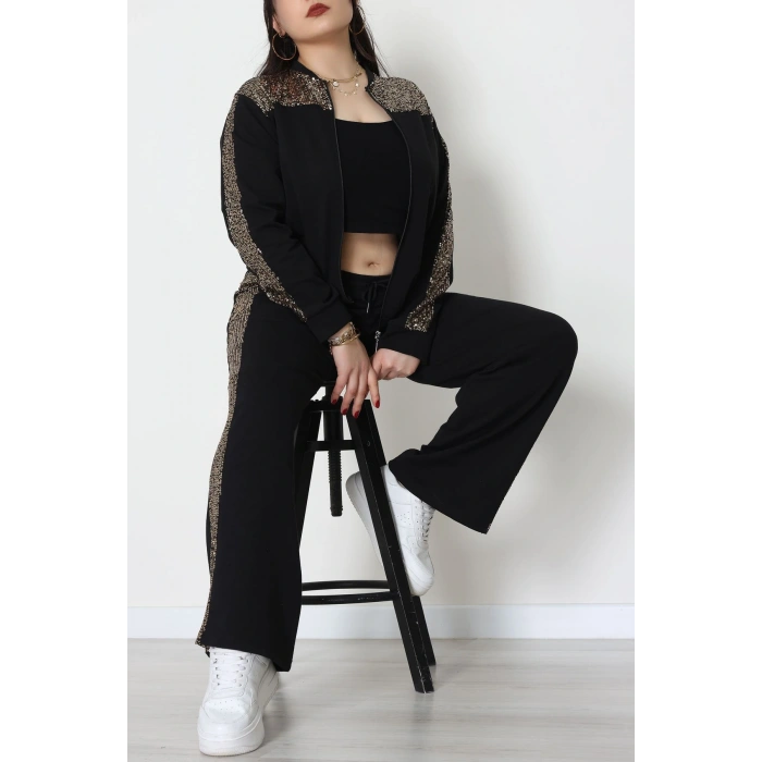 Pul Garnili 2 İplik Büyük Beden Eşofman Takımı Siyahgold - 52108.1567.