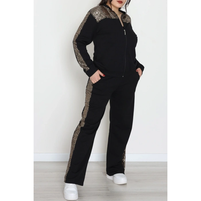 Pul Garnili 2 İplik Büyük Beden Eşofman Takımı Siyahgold - 52108.1567.