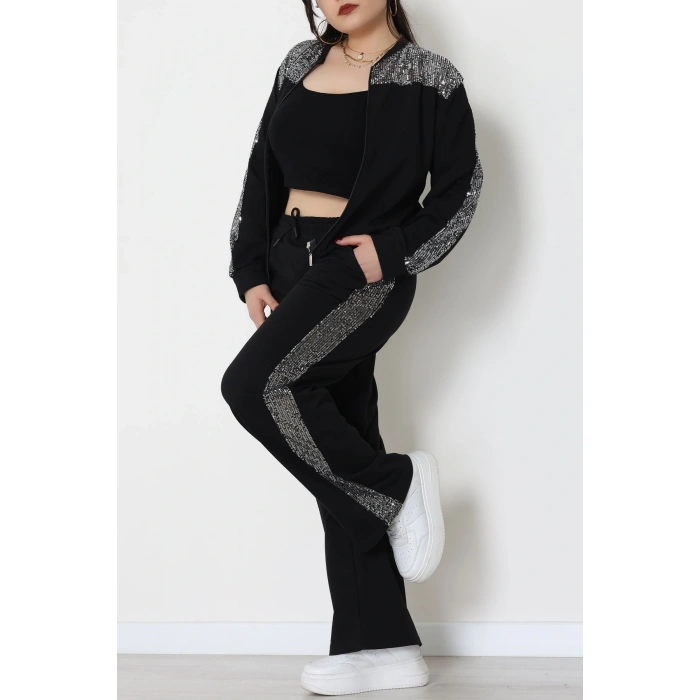 Pul Garnili 2 İplik Büyük Beden Eşofman Takımı Siyahgümüş - 52108.1567.