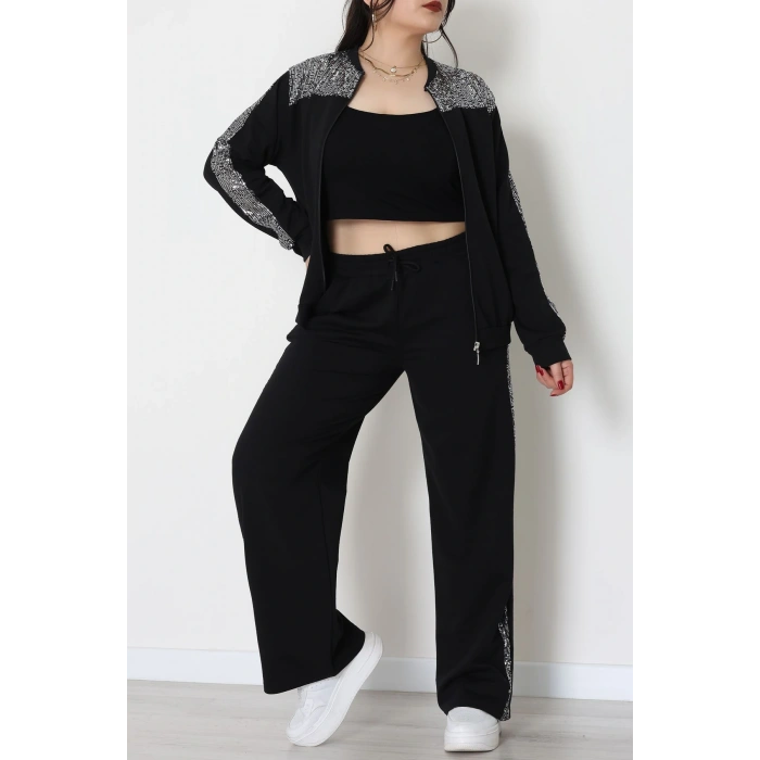 Pul Garnili 2 İplik Büyük Beden Eşofman Takımı Siyahgümüş - 52108.1567.