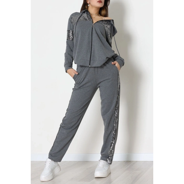 Pul Garnili 2 İplik Eşofman Takımı Füme - 50800.1857.